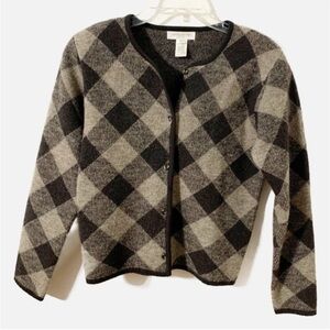 Jones New York Petites Merino Wool Button Front Cardigan Sweater Crewneck Check